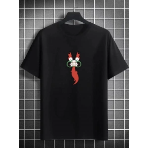 Unisex Bisiklet Yaka Baskılı Oversize T-Shirt - Siyah