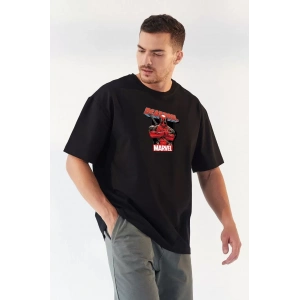 Unisex Bisiklet Yaka Baskılı Oversize T-Shirt - Siyah