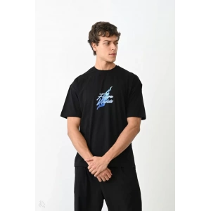 Unisex Bisiklet Yaka Baskılı Oversize T-Shirt - Siyah