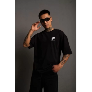Unisex Bisiklet Yaka Baskılı Oversize T-Shirt - Siyah