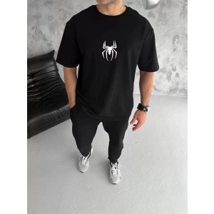 Unisex Bisiklet Yaka Baskılı Oversize T-Shirt - Siyah