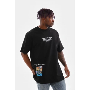 Unisex Bisiklet Yaka Baskılı Oversize T-Shirt - Siyah