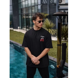 Unisex Bisiklet Yaka Baskılı Oversize T-Shirt - Siyah