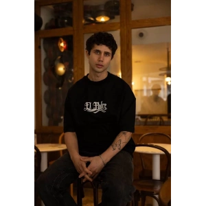 Unisex Bisiklet Yaka Baskılı Oversize T-Shirt - Siyah