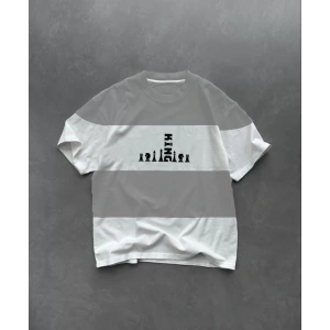 Unisex Bisiklet Yaka Baskılı Parçalı Oversize T-Shirt - Gri