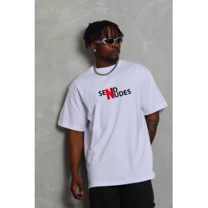 Unisex Bisiklet Yaka Double Oversize Baskılı T-Shirt - Beyaz