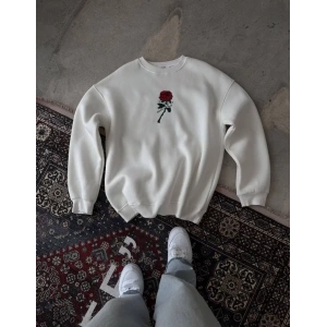 Unisex Bisiklet Yaka Ön Ve Arka Baskılı SweatShirt - Beyaz