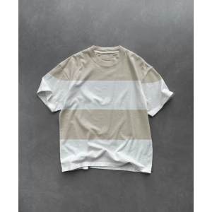 Unisex Bisiklet Yaka Parçalı T-Shirt - Bej