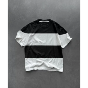 Unisex Bisiklet Yaka Parçalı T-Shirt - Siyah