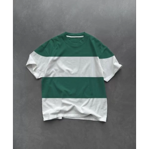 Unisex Bisiklet Yaka Parçalı T-Shirt - Yeşil