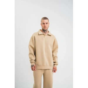Unisex Double Oversize Patlı Yaka SweatShirt - Bej