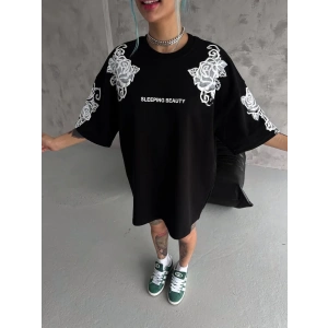 Kadın Flok Kabartma Baskılı T-Shirt - Siyah