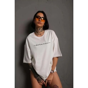 Unisex Kadın Bisiklet Yaka Baskılı T-Shirt - Beyaz