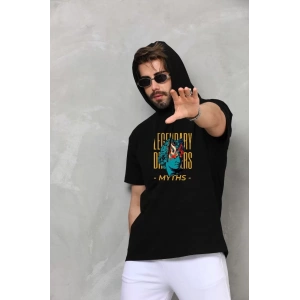 Unisex Kapşonlu Kolsuz Oversize Baskılı Tişört - Siyah