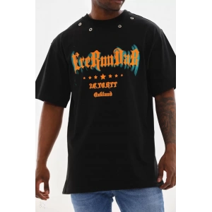 Unisex Kuşgözü Detaylı Baskılı Oversize T-Shirt - Siyah