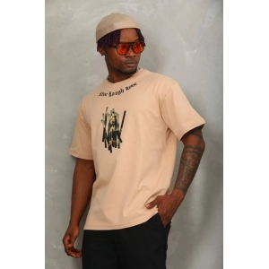 Unisex Oversize Baskılı Bisiklet Yaka T-Shirt - Bej