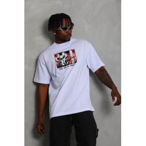 Unisex Oversize Baskılı Bisiklet Yaka T-Shirt - Beyaz