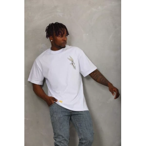 Unisex Oversize Baskılı Bisiklet Yaka T-Shirt - Beyaz