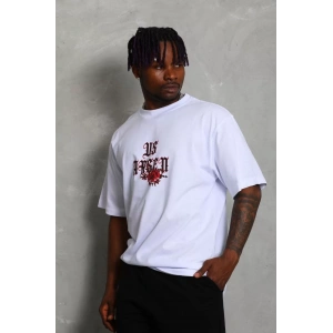 Unisex Oversize Baskılı Bisiklet Yaka T-Shirt - Beyaz