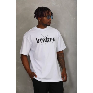 Unisex Oversize Baskılı Bisiklet Yaka T-Shirt - Beyaz