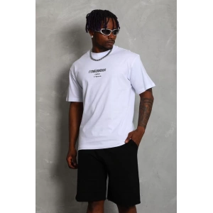 Unisex Oversize Baskılı Bisiklet Yaka T-Shirt - Beyaz