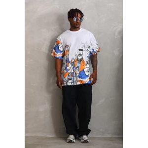Unisex Oversize Baskılı Bisiklet Yaka T-Shirt - Beyaz