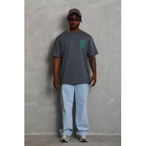 Unisex Oversize Baskılı Bisiklet Yaka T-Shirt - Füme