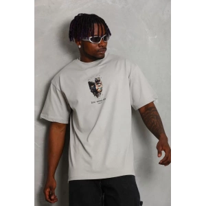 Unisex Oversize Baskılı Bisiklet Yaka T-Shirt - Gri