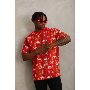 Unisex Oversize Baskılı Bisiklet Yaka T-Shirt - Kırmızı