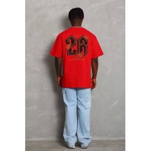 Unisex Oversize Baskılı Bisiklet Yaka T-Shirt - Kırmızı