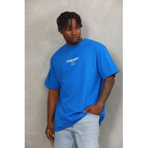 Unisex Oversize Baskılı Bisiklet Yaka T-Shirt - Mavi