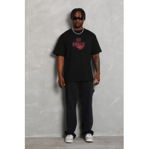 Unisex Oversize Baskılı Bisiklet Yaka T-Shirt - Siyah