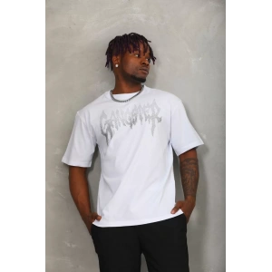 Unisex Oversize Taşlı Bisiklet Yaka T-Shirt - Beyaz