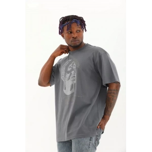 Unisex Oversize Taşlı Bisiklet Yaka T-Shirt - Füme