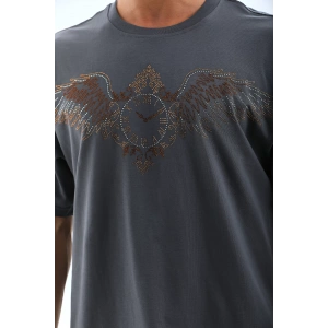 Unisex Oversize Taşlı Bisiklet Yaka T-Shirt - Füme