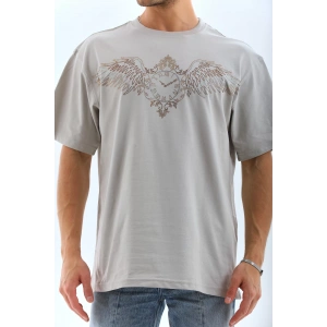 Unisex Oversize Taşlı Bisiklet Yaka T-Shirt - Gri