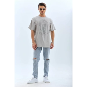 Unisex Oversize Taşlı Bisiklet Yaka T-Shirt - Gri