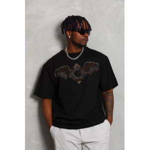 Unisex Oversize Taşlı Bisiklet Yaka T-Shirt - Siyah