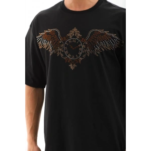 Unisex Oversize Taşlı Bisiklet Yaka T-Shirt - Siyah