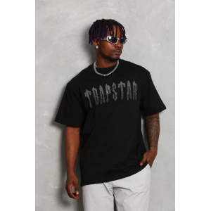 Unisex Oversize Taşlı Bisiklet Yaka T-Shirt - Siyah