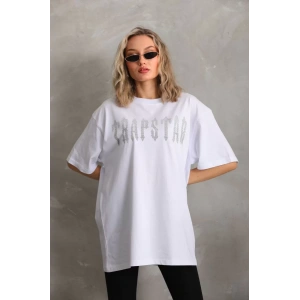 Unisex Taş Desenli Oversize T-Shirt - Beyaz
