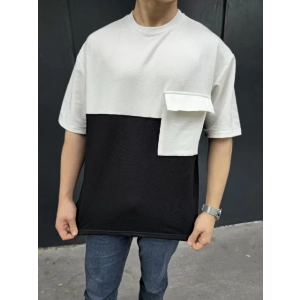 Unisex Torba Cep Detaylı Parçalı T-Shirt - Siyah