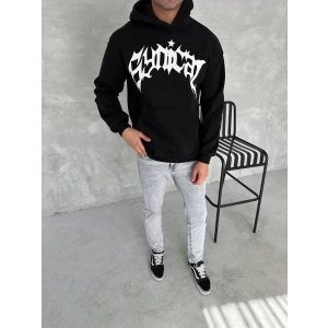 Unisex Üç İplik Kapüşonlu Baskılı SweatShirt - Siyah