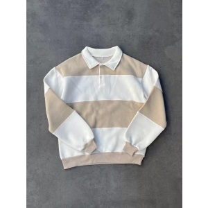 Unisex Üç İplik Parçalı Yakalı SweatShirt - Bej