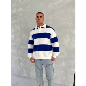 Unisex Üç İplik Parçalı Yakalı SweatShirt - Mavi