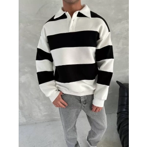 Unisex Üç İplik Parçalı Yakalı SweatShirt - Siyah