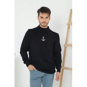 Unisex Yarım Boğazlı Baskılı Dokuma Triko - Siyah