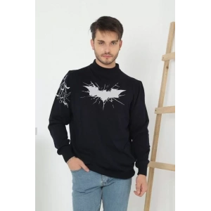 Unisex Yarım Boğazlı Baskılı Dokuma Triko - Siyah