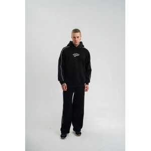 Uzun Kol Kapşonlu Ara Biyeli Baggy Eşofman Takım - Siyah