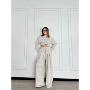 Uzun Kollu Önü İp Büzgülü Crop ve Pantolon İkili Takım - Gri
